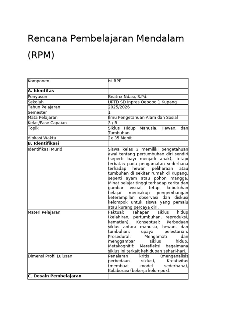 Rencana Pembelajaran Mendalam (RPM) Ibu Beatrix | PDF