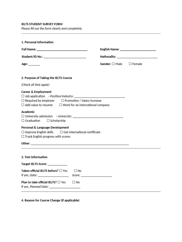 IELTS Student Survey Form | PDF