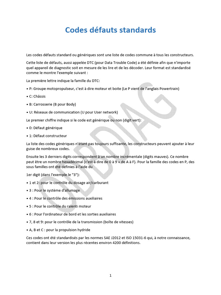 Codes défauts standard pour diagnostics auto | PDF | Injection (moteur ...
