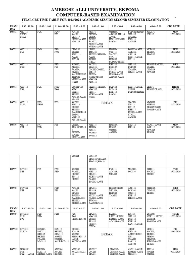 CBE Timetable for Ambrose University 2025 | PDF
