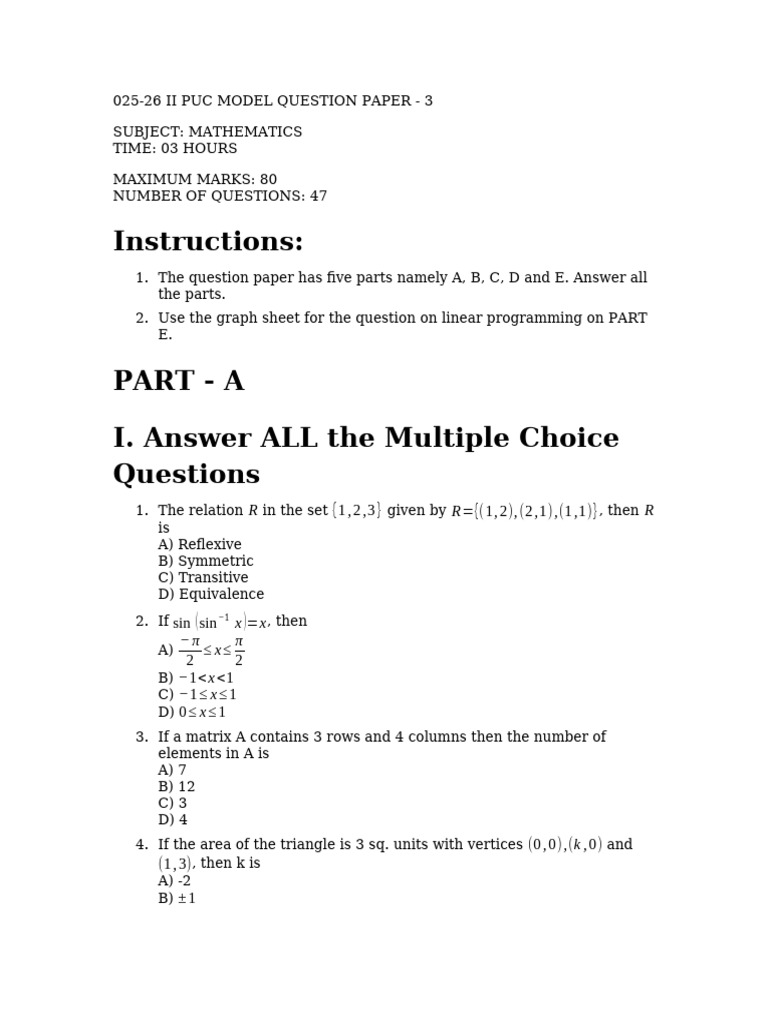 II PUC Mathematics Model Question Paper | PDF | Mathematical Relations ...