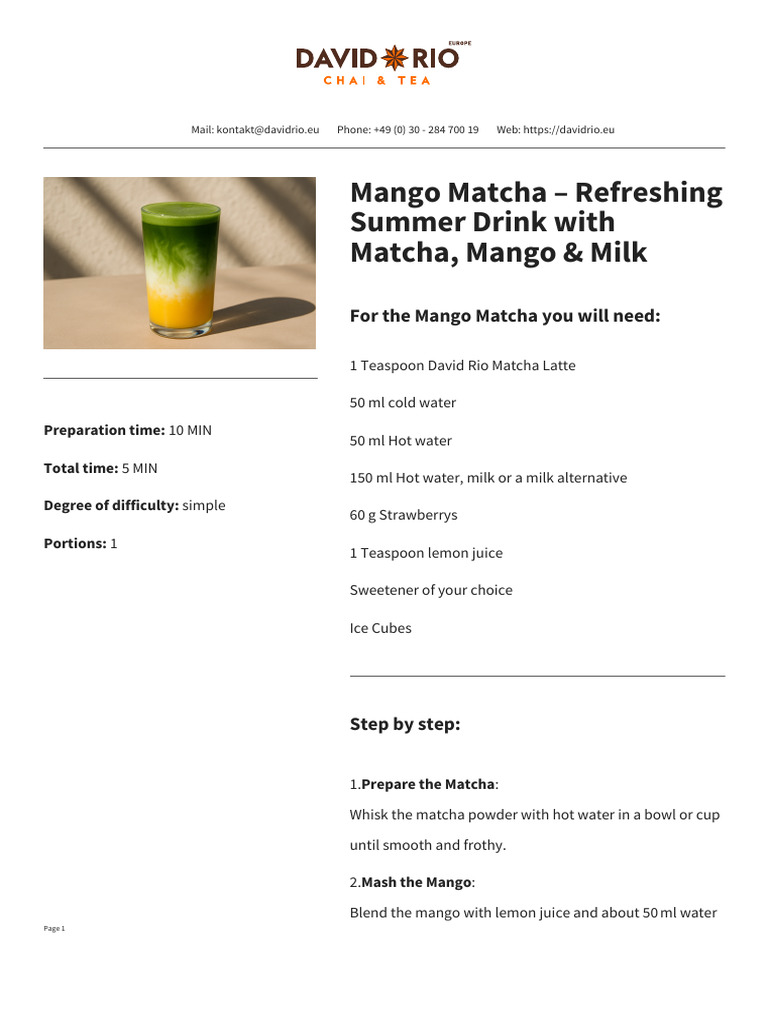 Mango Matcha Refreshing Summer Drink With Matcha Mango Milk | PDF