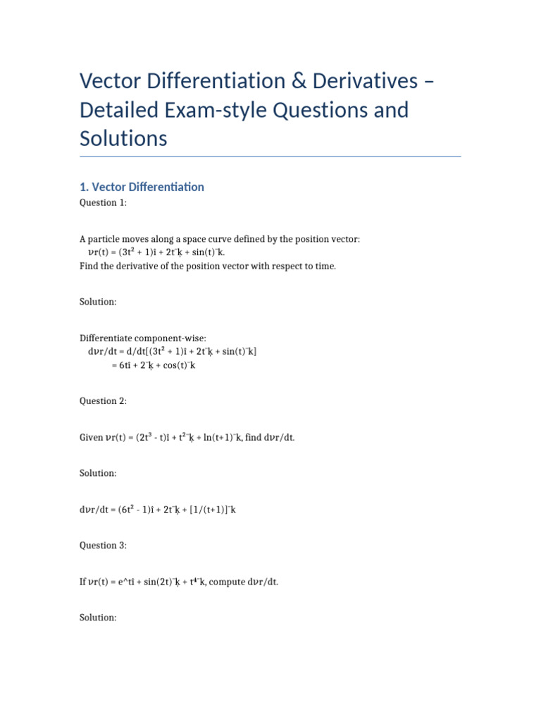 Vector Differentiation Exam Questions | PDF | Acceleration | Derivative