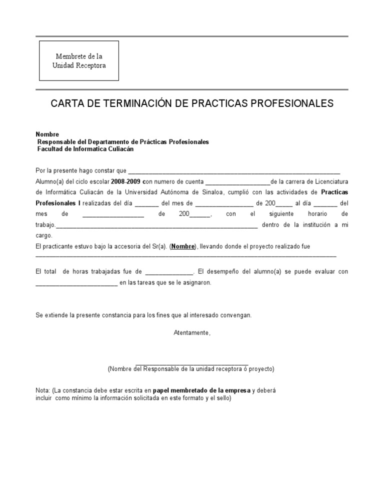 Carta de Terminacion de Practicas Profesionales