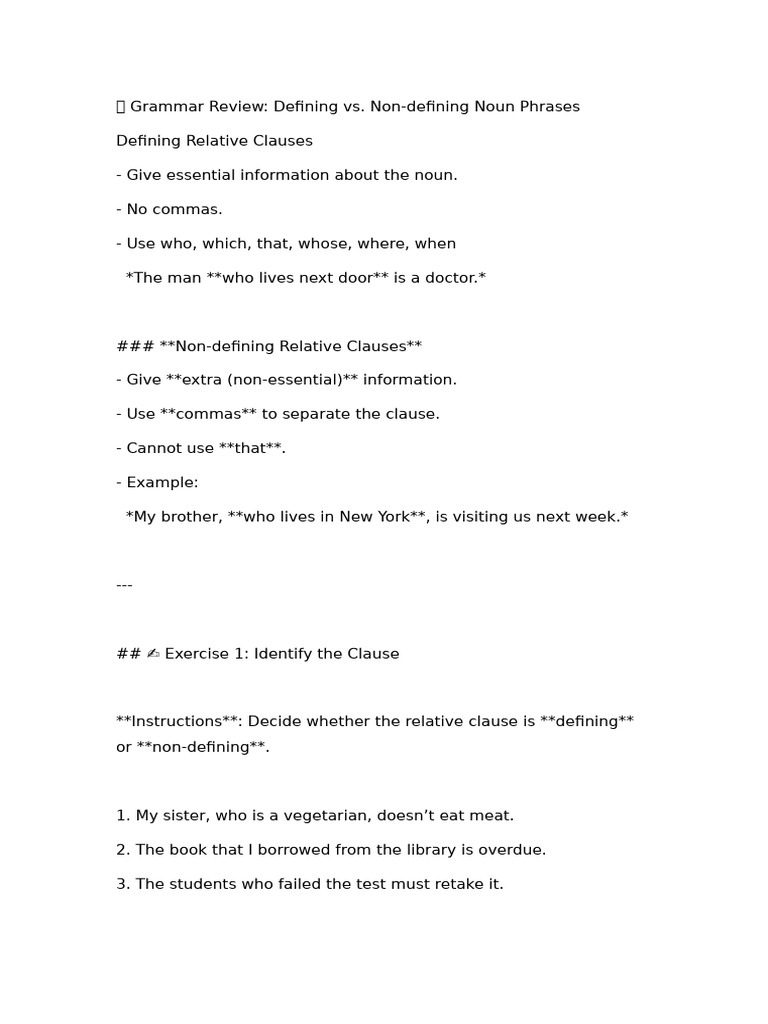 Defining vs. Non-defining Noun Phrases | PDF | Clause | Linguistics