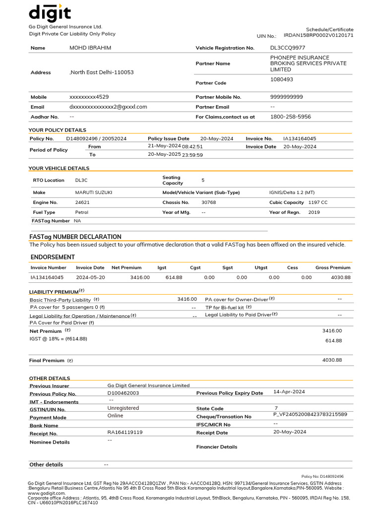 Digit Private Car Liability Policy Details | PDF | Indemnity ...