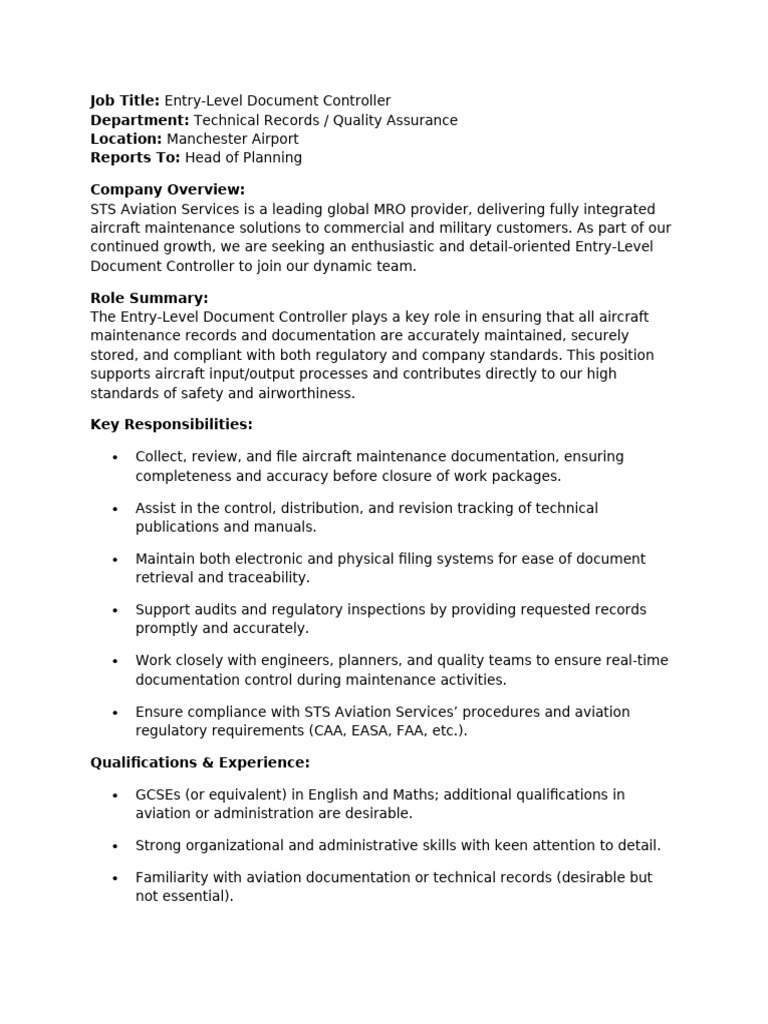 Entry-Level Document Controller Role at STS | PDF