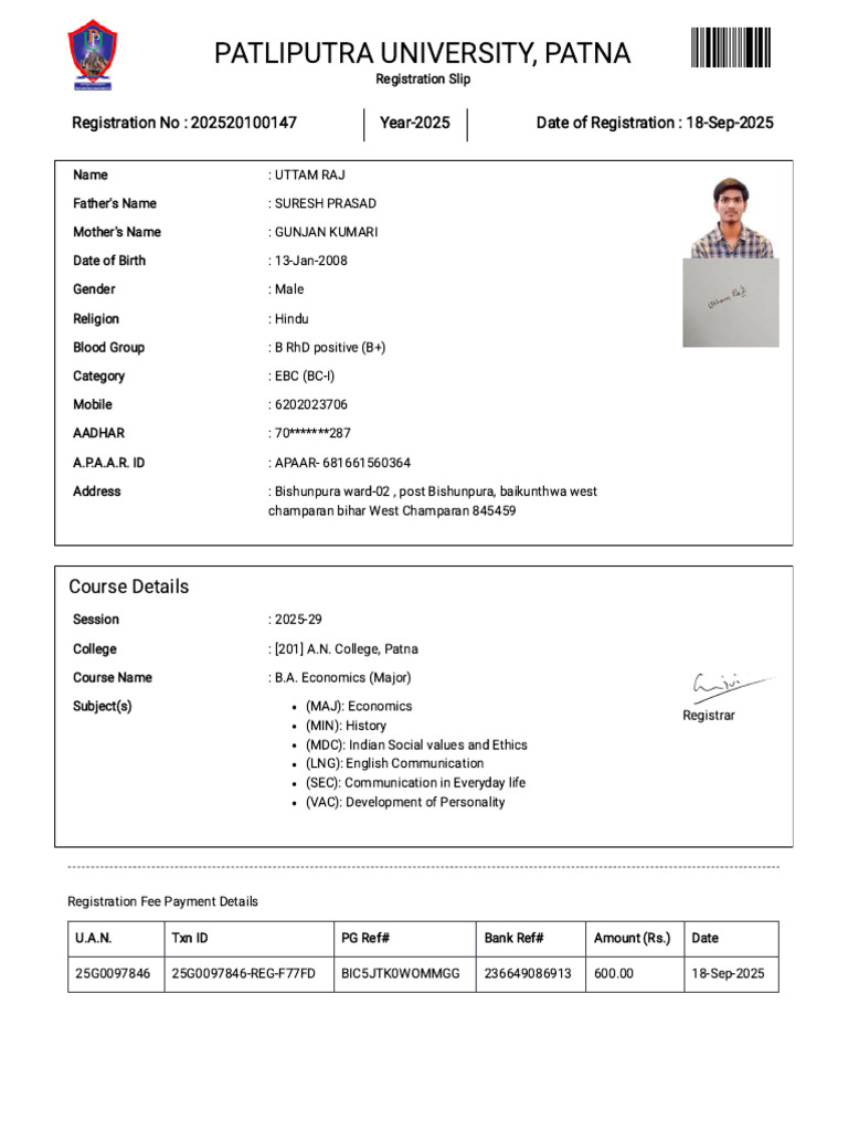 25G0097846 - 202520100147 - Registration Slip | PDF