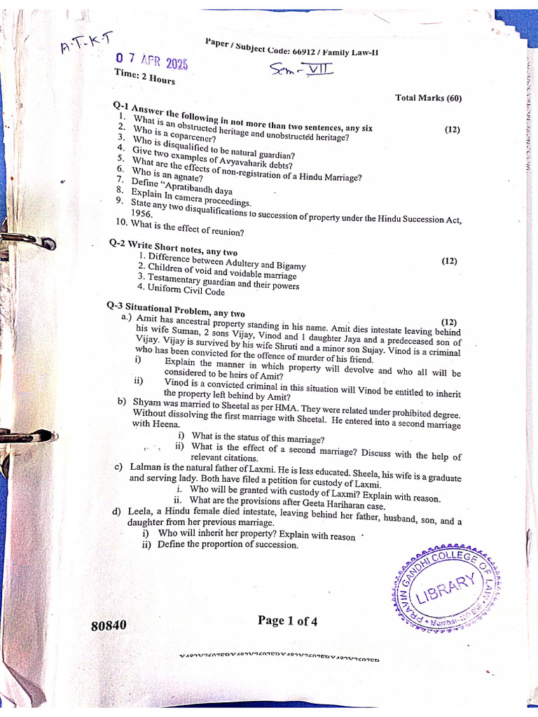 Family Law Sem 7 Past Papers | PDF