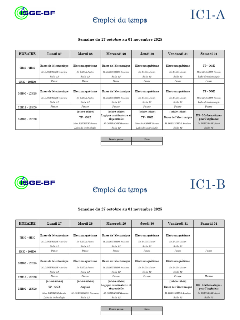 Emploi du temps IC1 à IC3 du 27 oct au 1 nov | PDF | Informatique ...