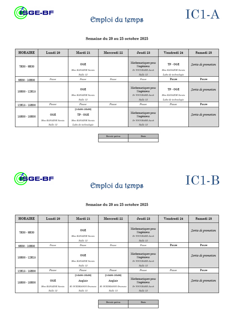 Emploi du temps IC1 à IC3 du 20 au 25 octobre | PDF | Science ...