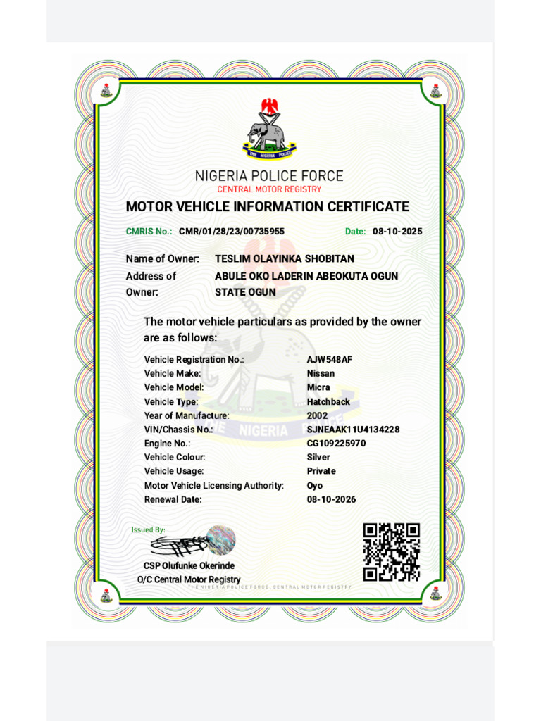 Motor Vehicle Information Certificate | PDF