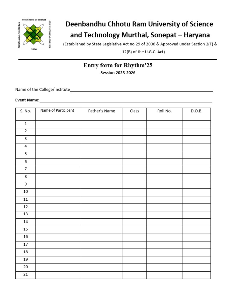 Rhythm'25 Entry Form for 2025-2026 | PDF