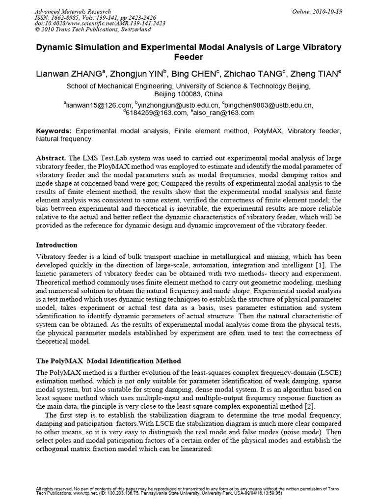 Dynamic Simulation and Experimental Modal Analysis of Large Vibratory ...