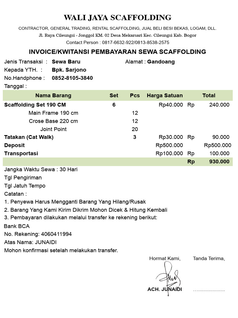 Invoice Sewa Scaffolding Wali Jaya | PDF