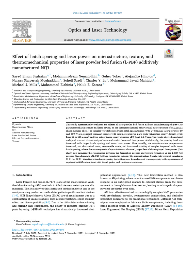 Effects of Laser Power on NiTi Properties | PDF | Shape Memory Alloy ...