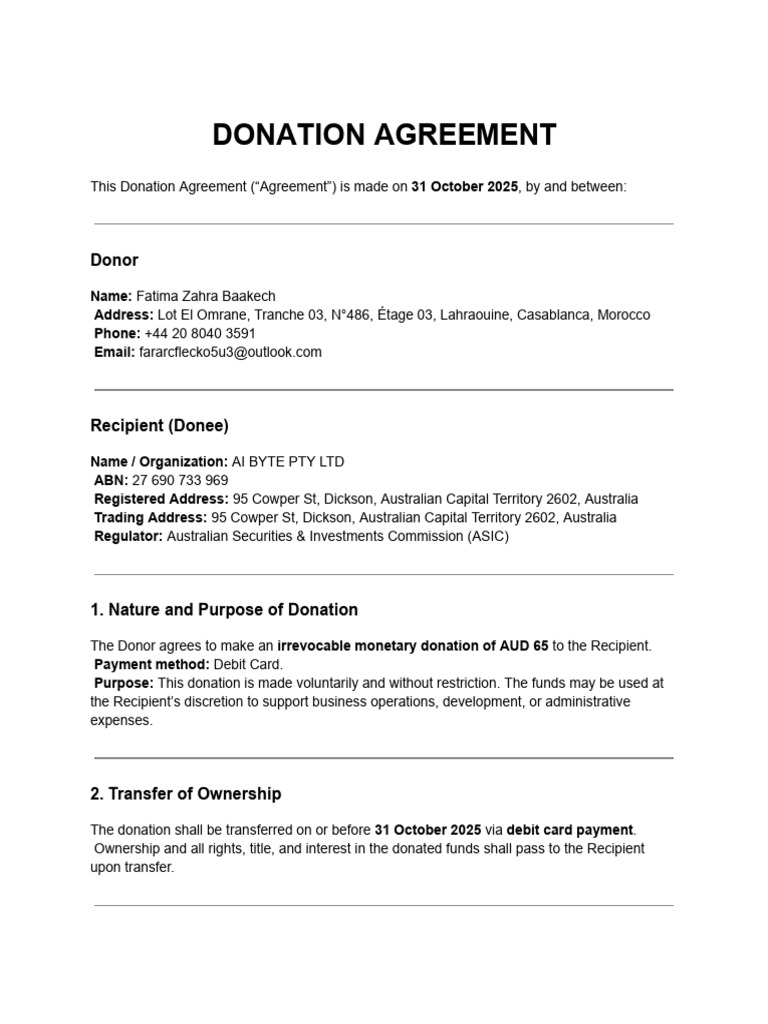 Donation Agreement between Donor and AI BYTE | PDF