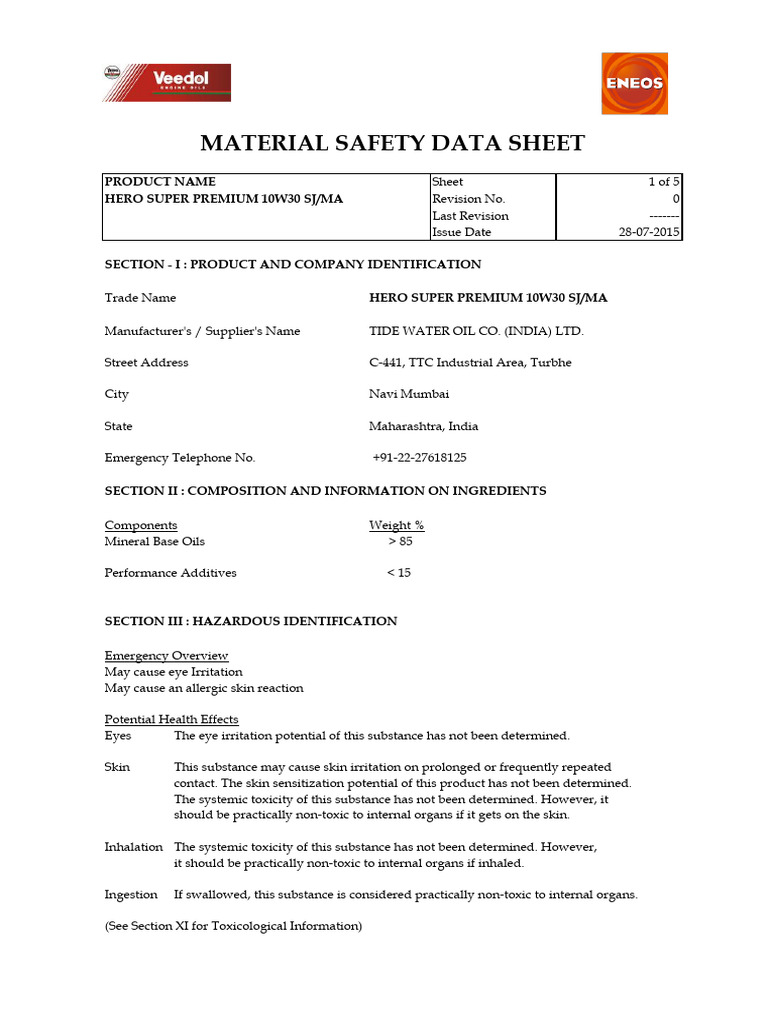 Hero Super Premium 10W30 MSDS | PDF | Workplace | Working Conditions