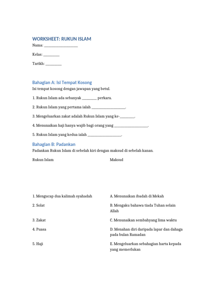 Worksheet Rukun Islam Tahun3 | PDF