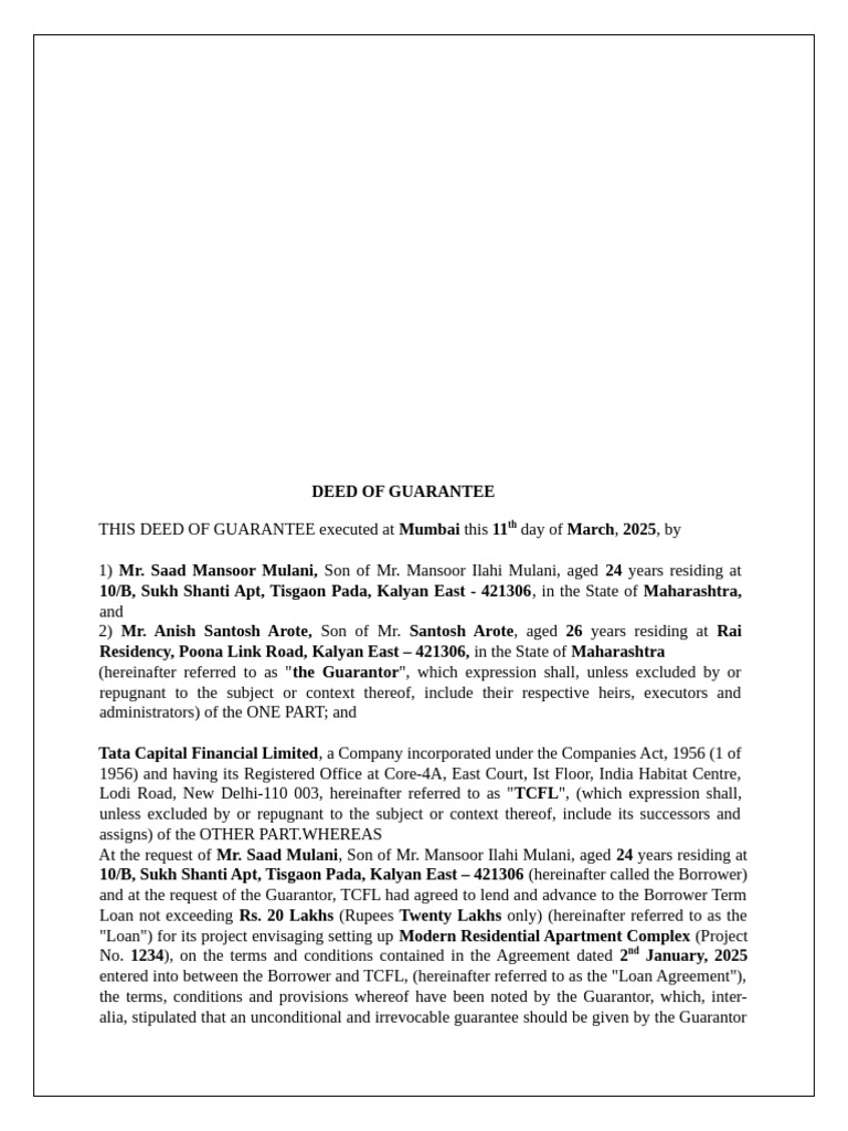 Deed of Guarantee for Loan Agreement | PDF | Guarantee | Loans