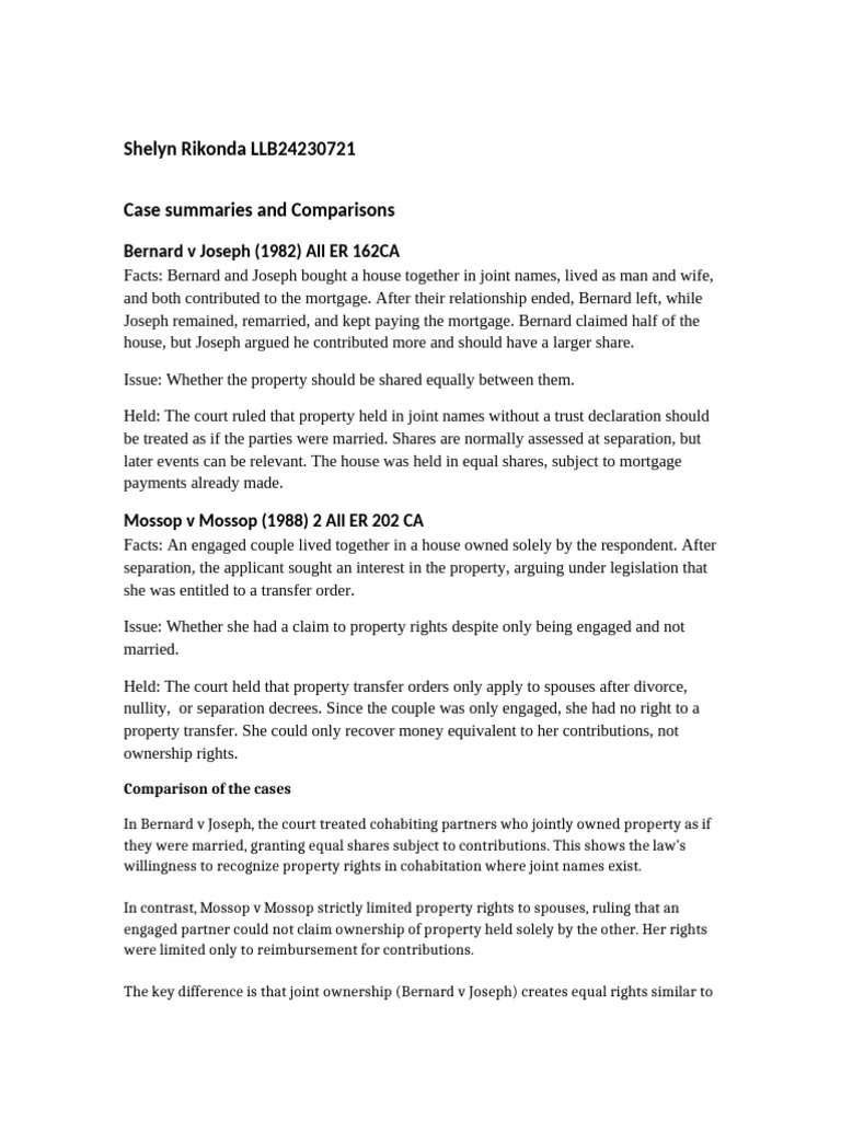 Bernard V Joseph and Mossop V Mossop | PDF