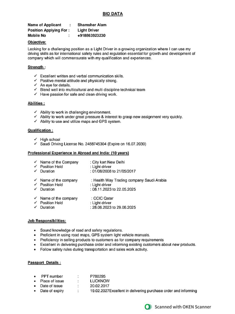 CV For Light Driver | PDF