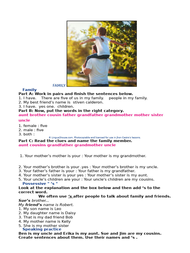 Family Vocabulary and Exercises Guide | PDF