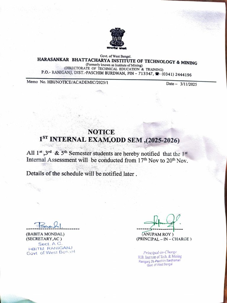 HBITM 1st Internal Exam Notice 2025 | PDF