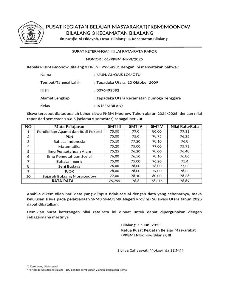 Format Rata-Rata Nilai Rapor | PDF