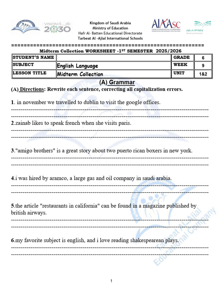 English Grammar Midterm Worksheet 2025 | PDF | Herd