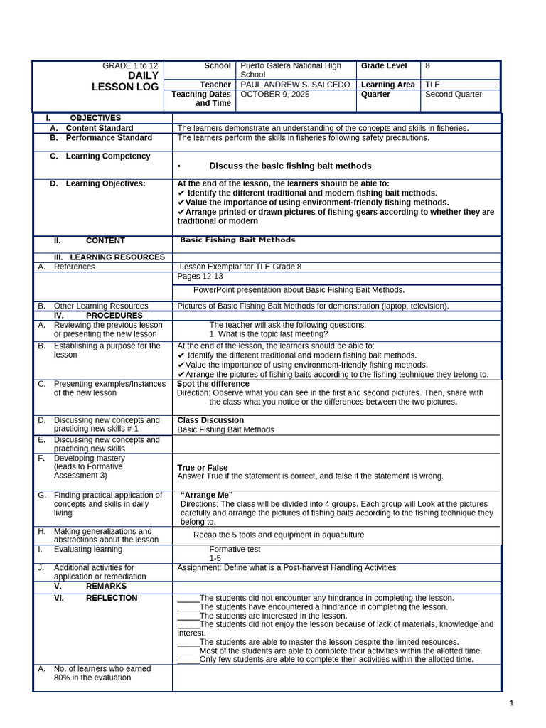 Grade 8 TLE Lesson on Fishing Baits | PDF | Learning | Cognitive Science