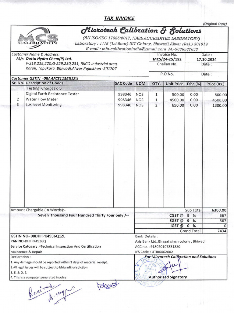 Tax Invoice for Calibration Services | PDF