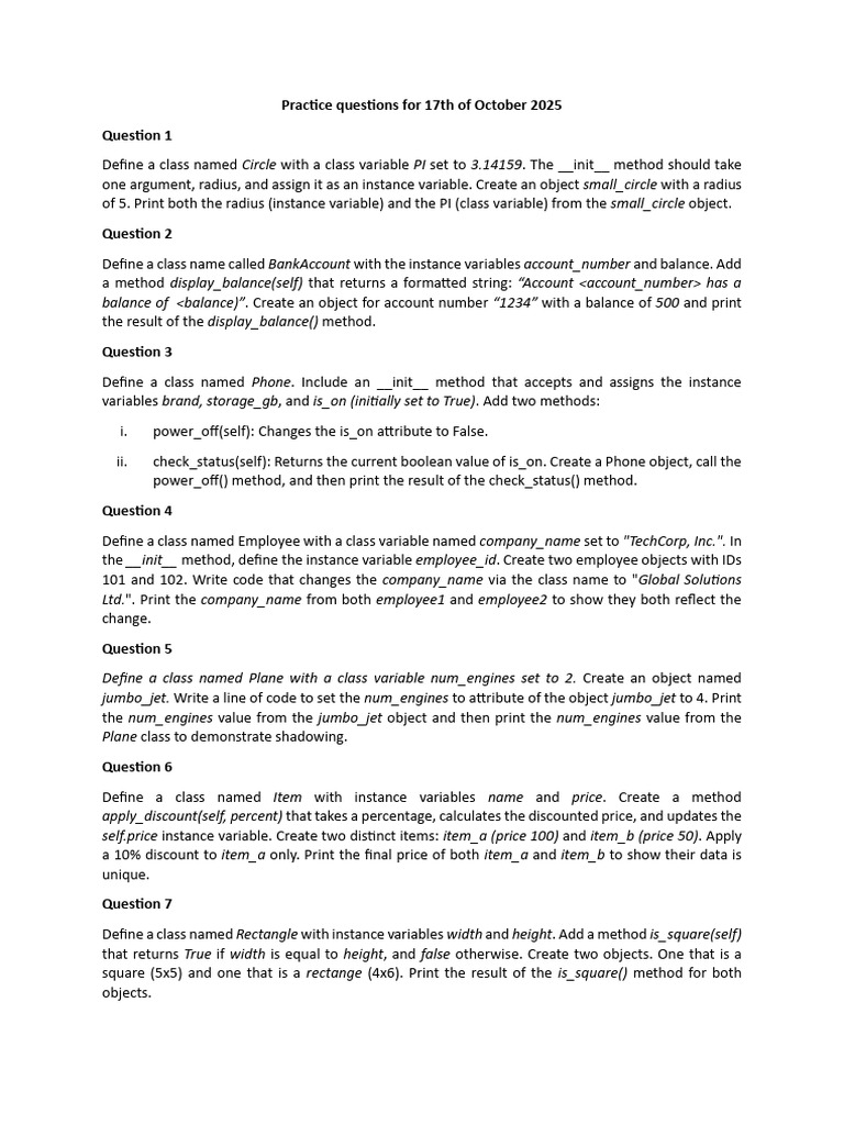 practice 17_10_25 | PDF | Object Oriented Programming | Programming ...