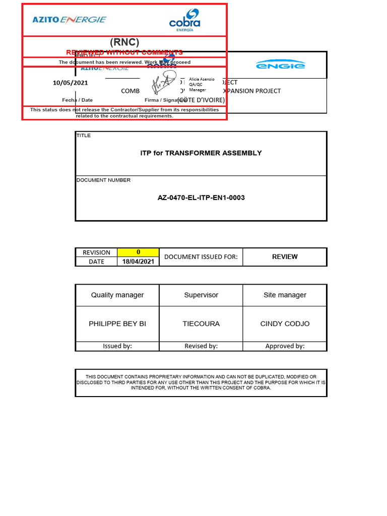 Az-0470-El-itp-En1-0003 00 Itp For Transformer Assembly RNC | PDF
