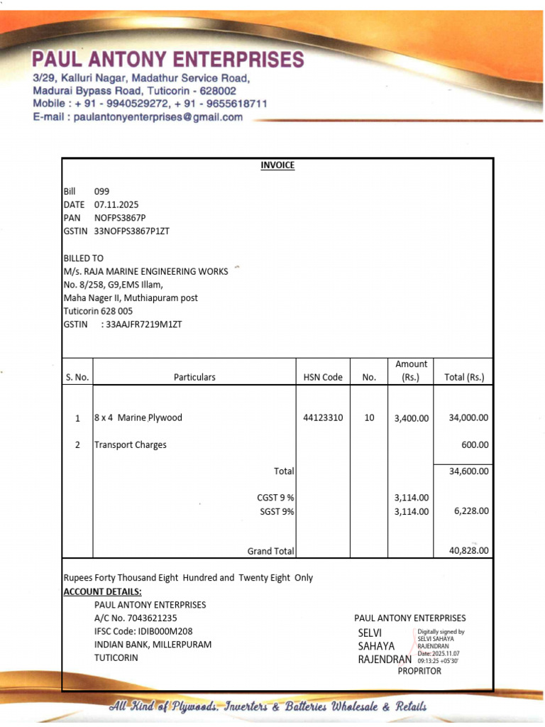 Invoice for Marine Plywood Purchase | PDF