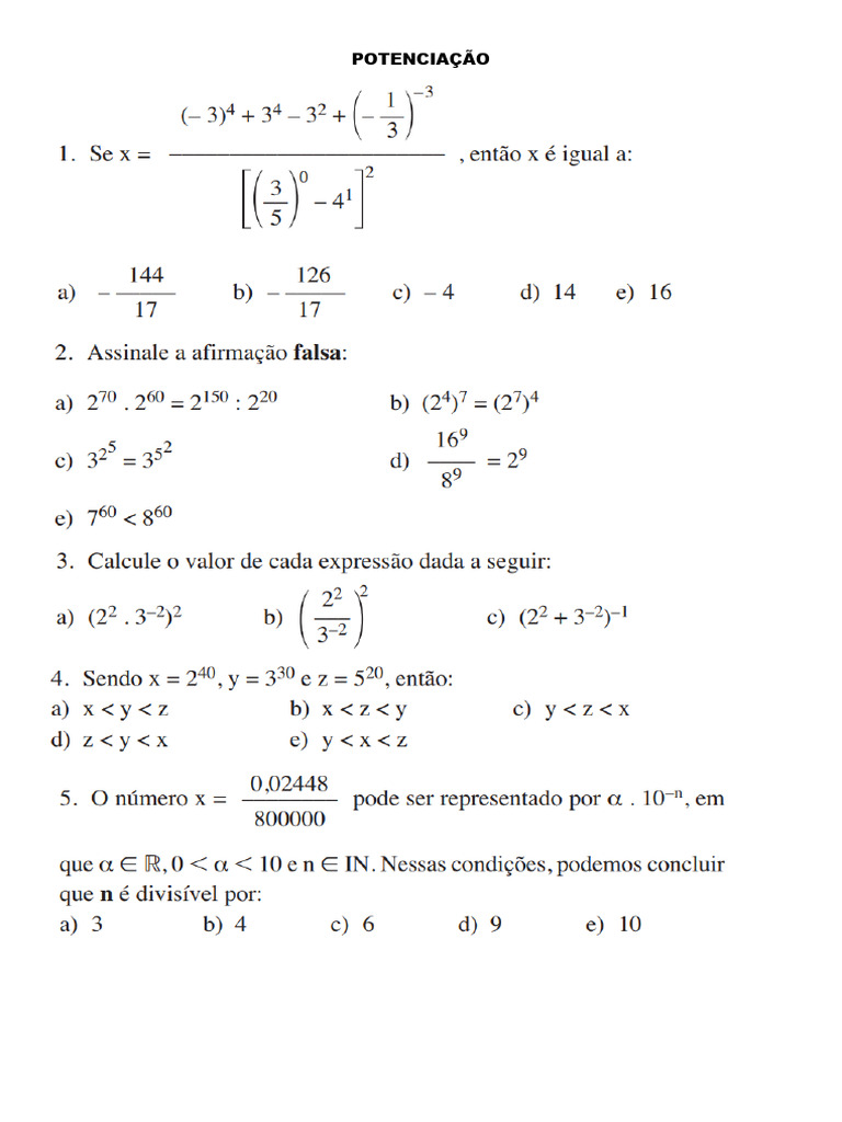 Exercicios Propostos Potenciação e Radiciação | PDF