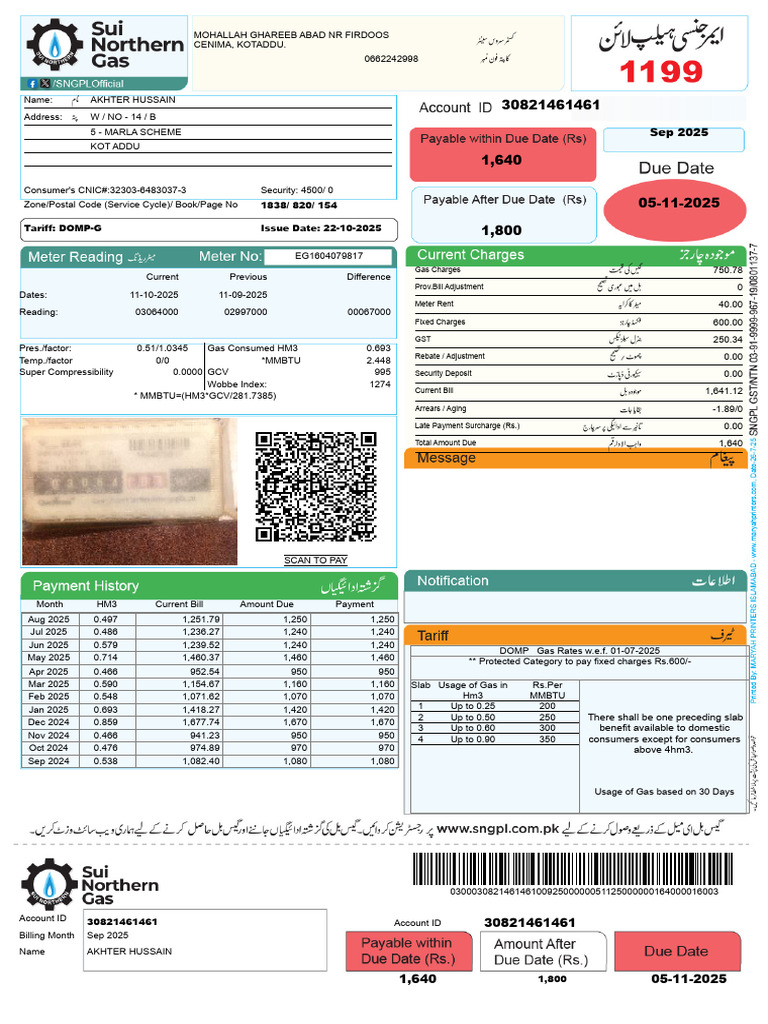 Gas Bill Summary for Akhter Hussain | PDF