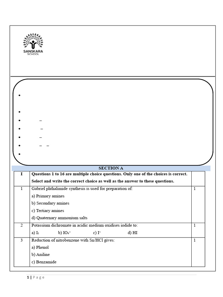 Grade XII Chemistry Sample Paper | PDF | Aldehyde | Amine