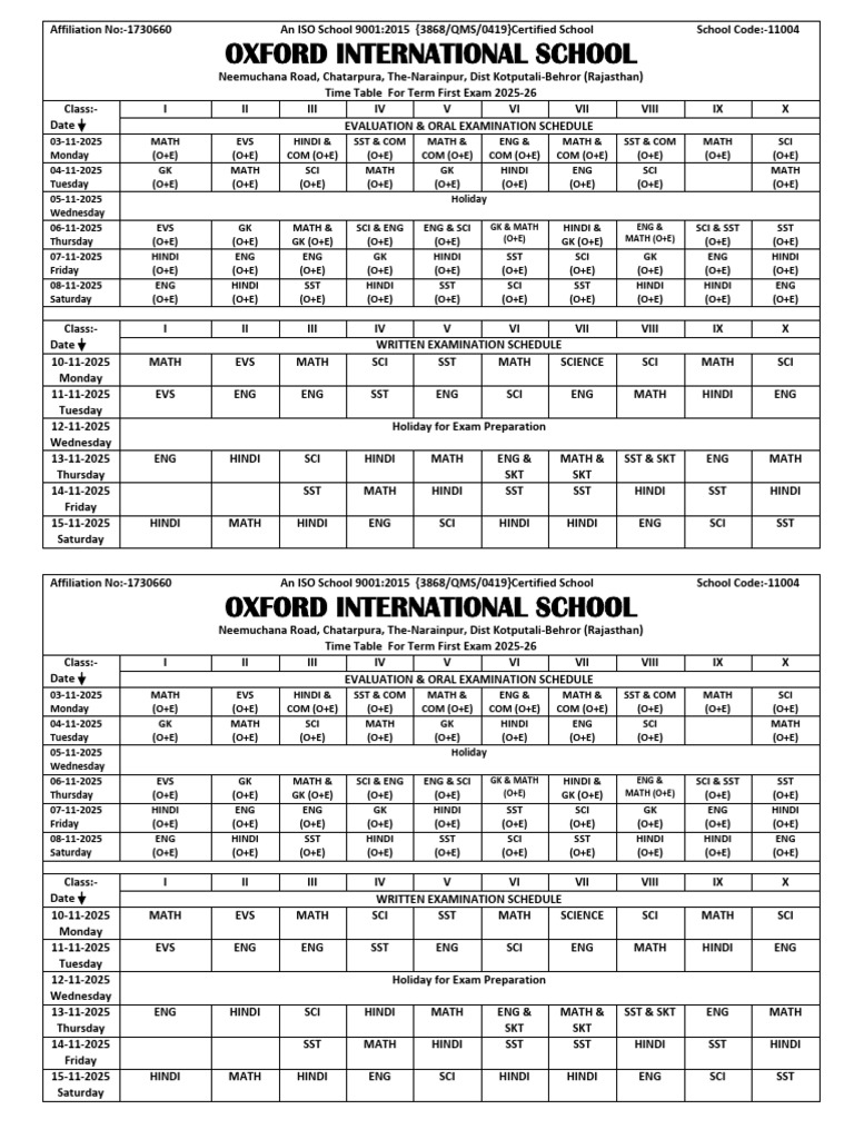 Oxford International School Exam Timetable 2025-26 | PDF