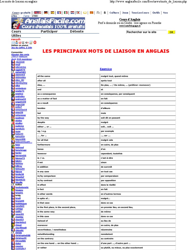 Les Mots de Liaison en Anglais  Onomastique  Relations syntaxiques