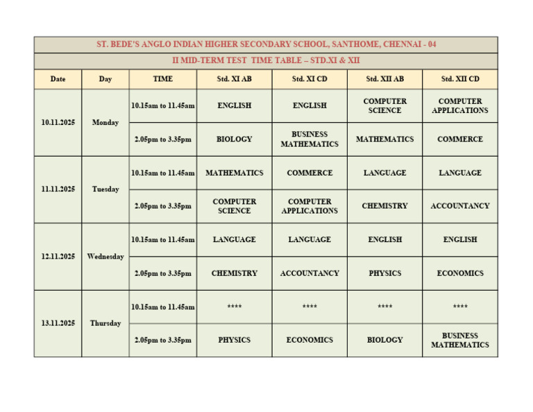 Second Mid Term Timetable (Std. XI and XII) | PDF