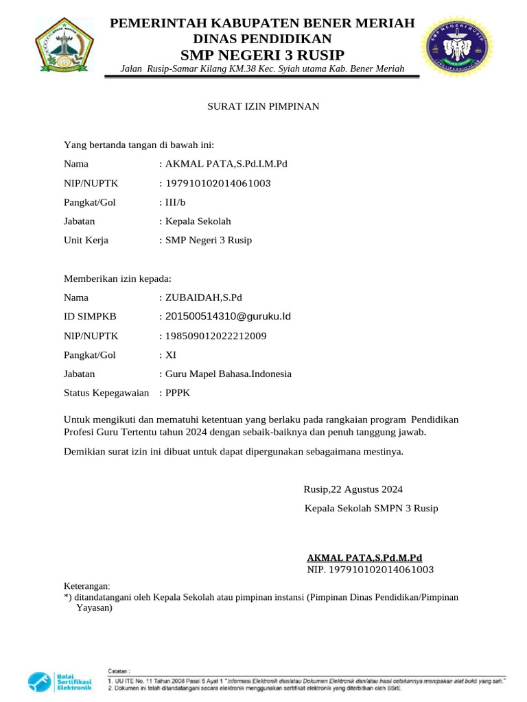 Izin Mengikuti Program Pendidikan Guru | PDF