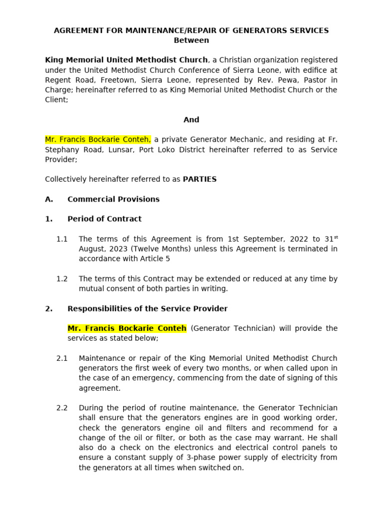 Generator Maintenance Agreement 2022-2023 | PDF | Breach Of Contract ...