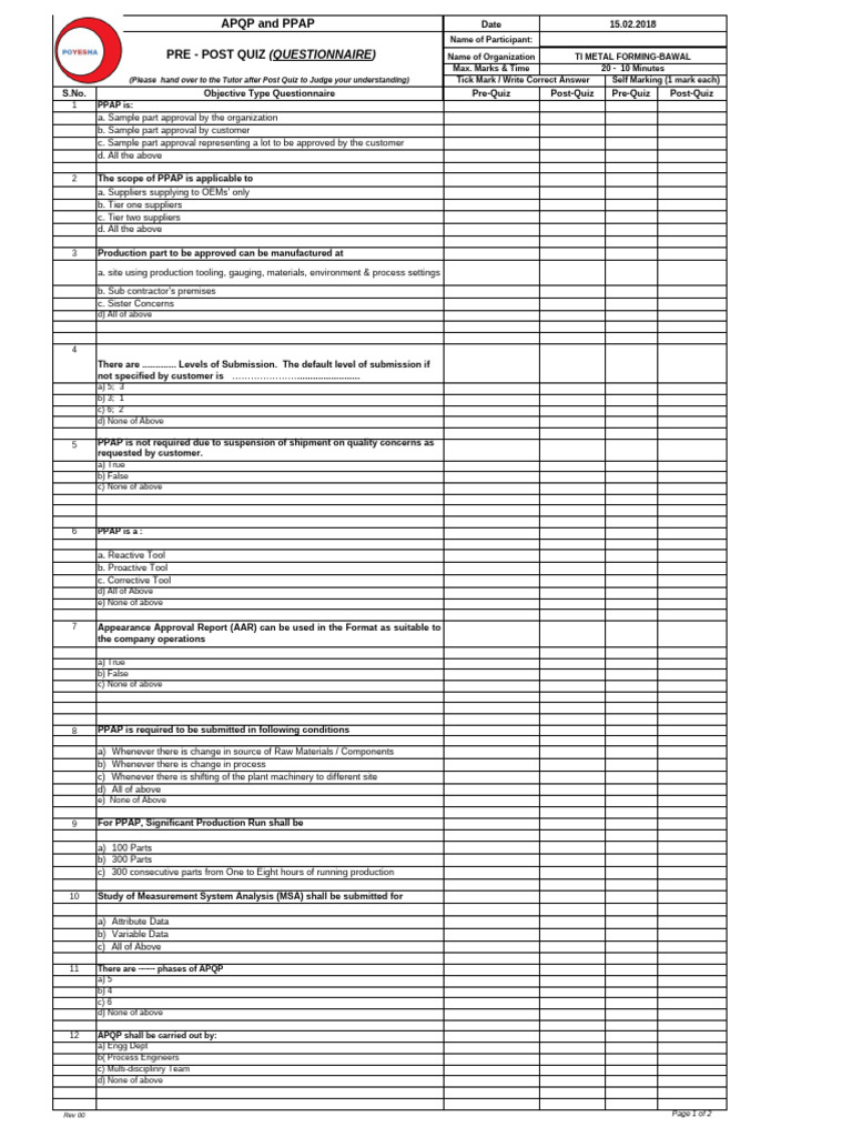 APQP and PPAP Quiz Assessment Guide | PDF