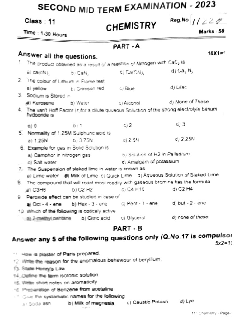 11th Chemistry EM Second Mid Term Exam 2023 Question Paper Dindigul ...