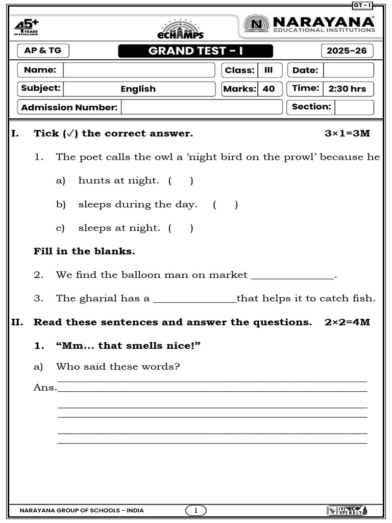 English Grand Test for Class III | PDF | Linguistics