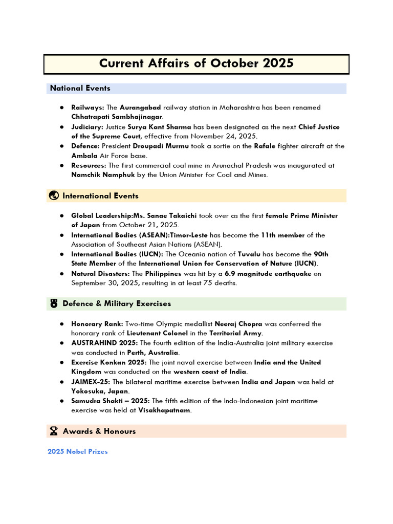 October 2025 Current Affairs Summary | PDF