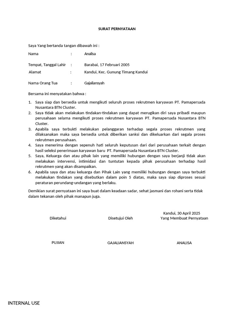 Surat Pernyataan Rekrutmen Karyawan | PDF