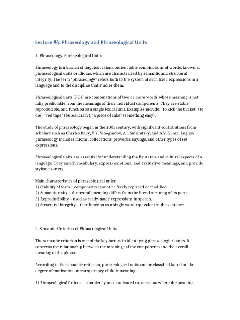 Lecture 6 Phraseology and Phraseological Units | PDF | Idiom | Semantics