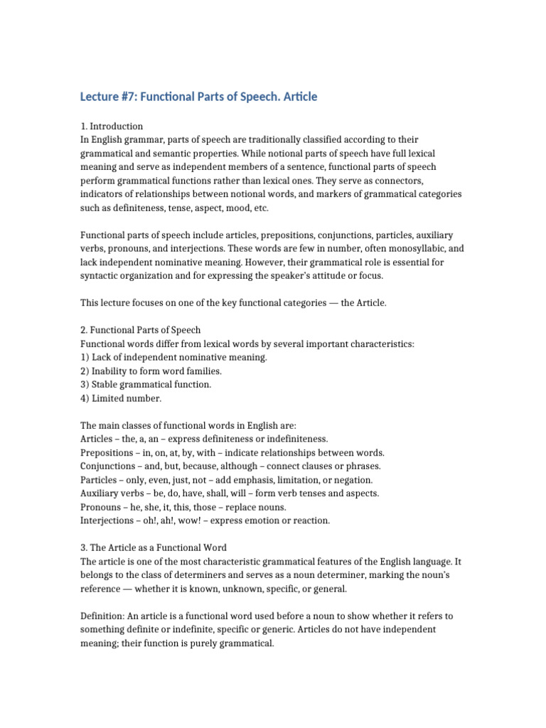 Lecture 7 Functional Parts of Speech Article | PDF | Part Of Speech | Word